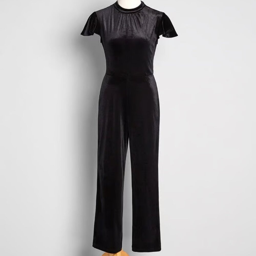 NWT Modcloth Shine With Me Velvet Jumpsuit Cap Sleeve Black Size XXS NEW